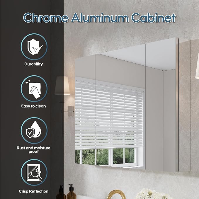 WELLFOR 40" x 30" Bathroom Medicine Cabinet, Anodized Chrome Aluminum Frame - Image 3