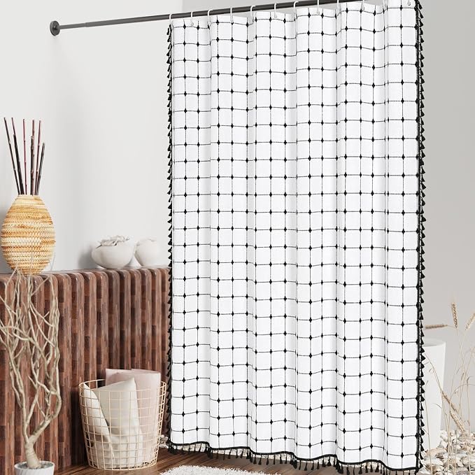 MitoVilla Ivory Black Boho Extra Long Shower Curtain 72 x 84, Modern Farmhouse - Image 2