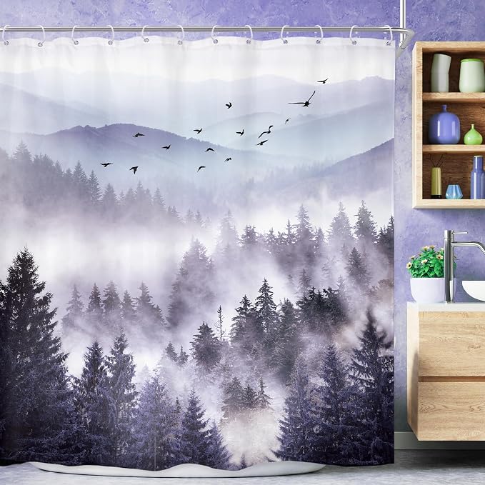 Riyidecor Purple Shower Curtain，Mountain Shower Curtains by Riyidecor