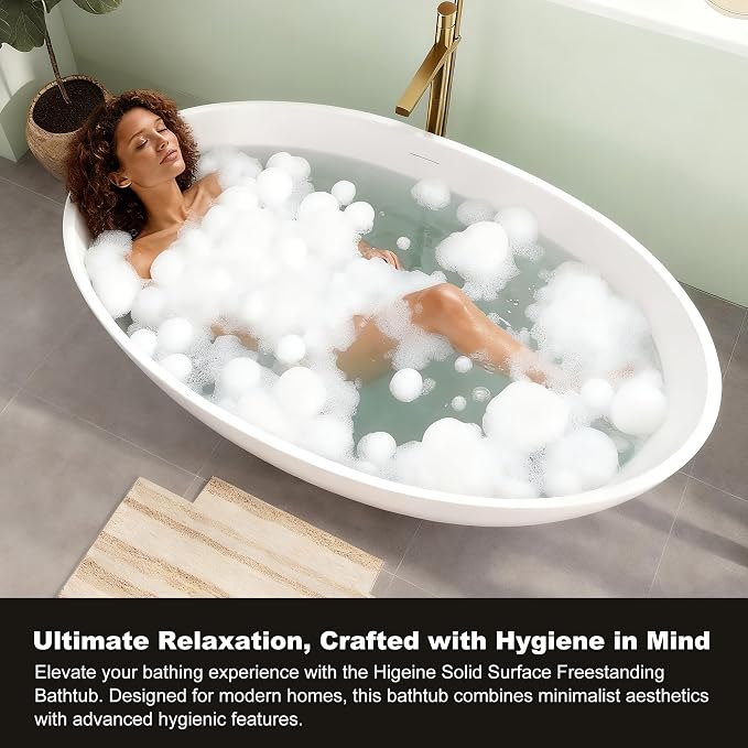Upgraded 67" Stone Resin Freestanding Bathtub, Oval Solid Surface Extra Wide Tub - Image 4