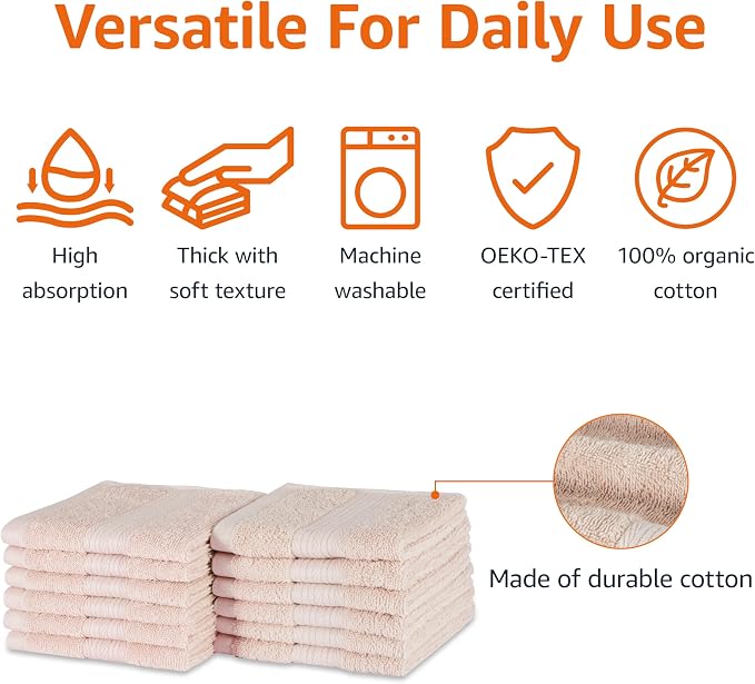 Amazon Basics Fade-Resistant 100% Cotton Washcloth, 12 Pack, Blush Pink - Image 2