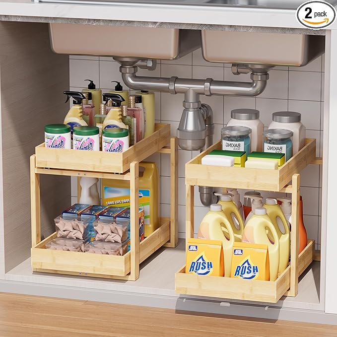 Bamboo Wood Under Sink Organizer 2 Pack, Pull Out Cabinet Organizer 2 Tier by LONTAI