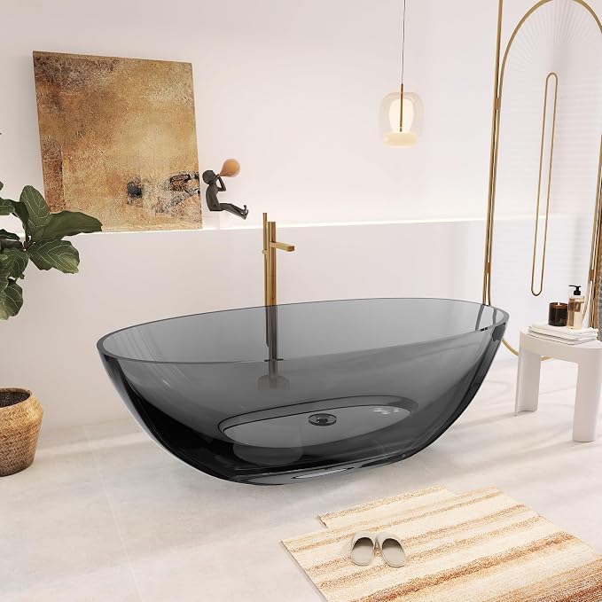 71" Premium Solid Surface Freestanding Bathtubs, Upgraded Transparent Dark Grey - Image 2