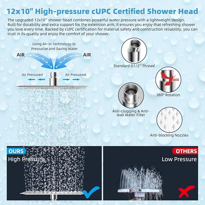 Hibbent All Metal CUPC Certified 12'' Rainfall Shower Head, Dual Shower Head - Image 6