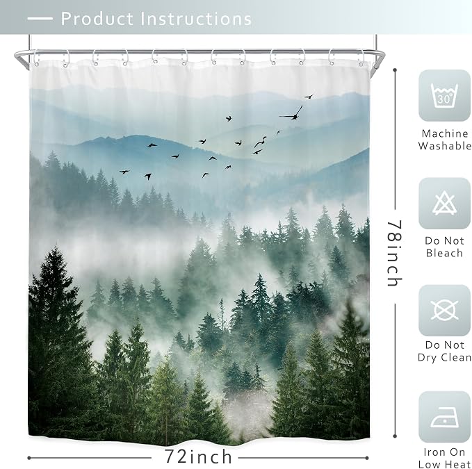 Riyidecor Long Green Shower Curtain 72Wx78H Inch Mountain Scenery Natural Pine - Image 5