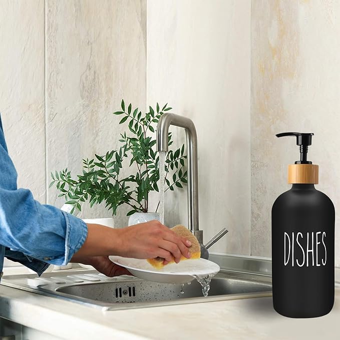 16 OZ Thick White & Black Glass Soap Dispenser, Bamboo Pump - Image 4