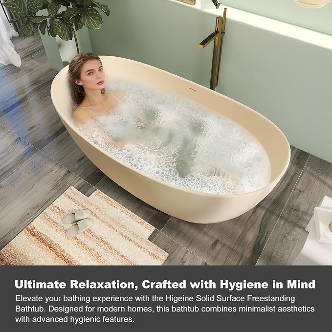 65" Premium Solid Surface Freestanding Bathtub, Modern Cream Design Stone Resin - Image 8