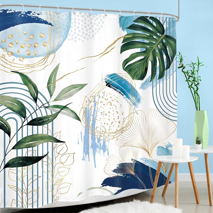 Blue Boho Shower Curtain 72Wx72H Modern Mid Century Abstract Blue Gold Tropical - Image 3