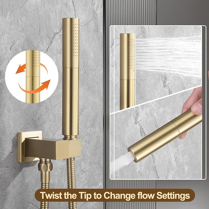 12 Inch Rain Shower System, Brushed Gold Shower Faucet Set - Image 7