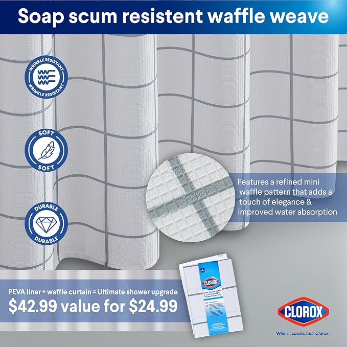 CLOROX Bathroom Waffle Windowpane Pattern Shower Curtain - Image 4