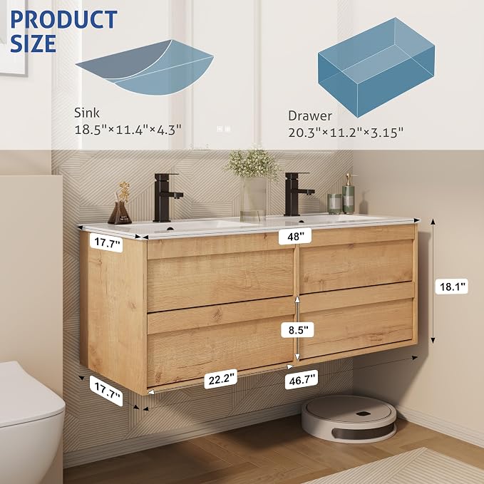 eclife 48" Floating Bathroom Vanity Sink Combo, Wall Mounted Modern Minimalist - Image 2