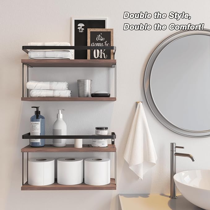 RICHER HOUSE Dual-Level Guardrail Bathroom Shelves, Wood Floating Shelf Wall - Image 4