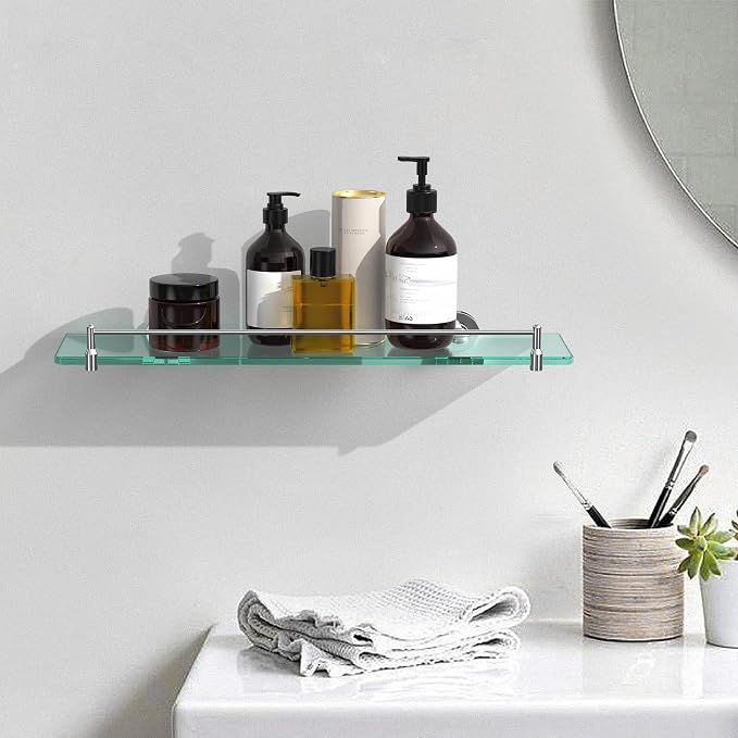 20 Inches Glass Shelves for Bathroom, Chrome Polished Floating Glass Shelf - Image 2