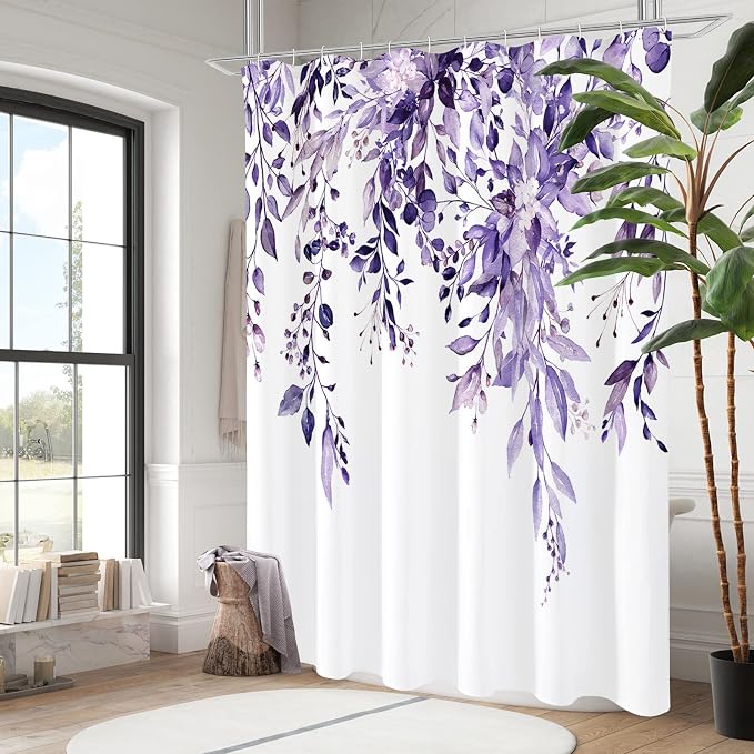 Gibelle Purple Eucalyptus Shower Curtain, Watercolor Plant Leaves - Image 2