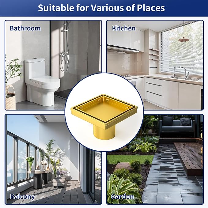 Square Shower Drain 4", Brushed Gold Floor Drain - Image 8