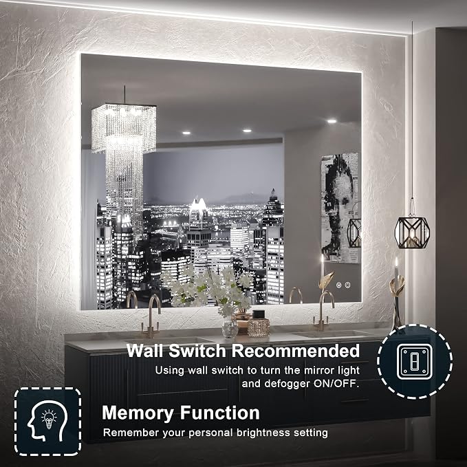 TETOTE 40 x 32 Inch LED Backlit Bathroom Vanity Mirror, Touch Button, Water - Image 6