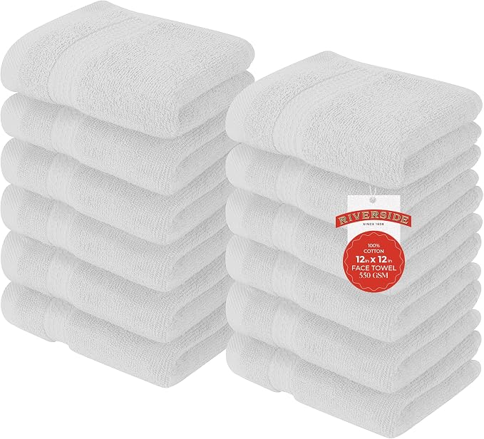 RIVERSIDE 12 Pack Premium 100% Cotton Face Washcloths, 550 GSM, 12 x 12 Inches by RIVERSIDE