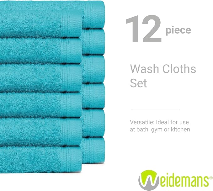 100% Cotton Washcloths Set 13” x 13” | Teal Blue Towels | Set of 12 Ultra Soft - Image 3