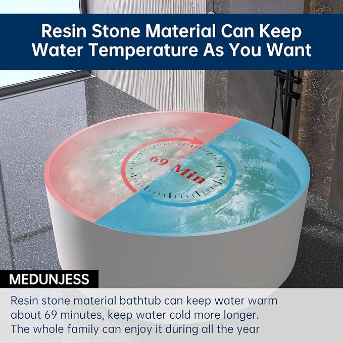 49'' Round Soaking Bathtub Resin Stone Freestanding Bathtub Soaking Deep Tub - Image 7