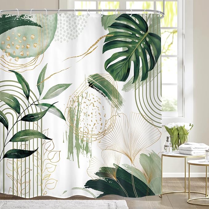 Sage Green Boho Shower Curtain Mid Century Modern Abstract Tropical Palm Leaves by MitpokBrand
