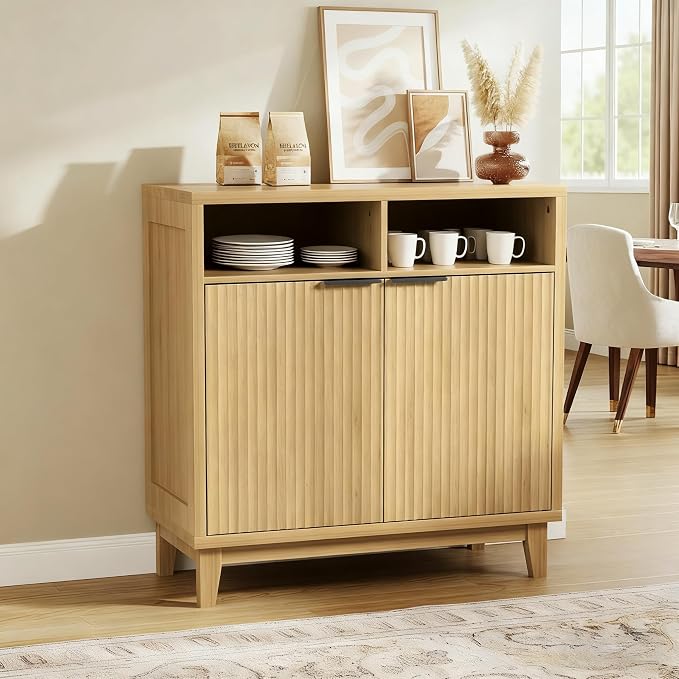 Fluted Cabinet with Doors, Modern Accent Storage Cabinet with Solid Wood Legs & - Image 6