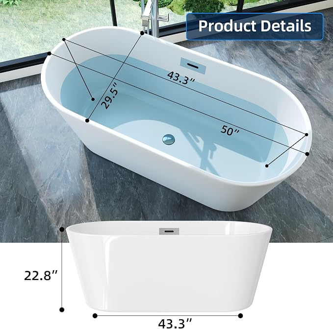 59'' Freestanding Bathtub, Deep Soaking Tub - Image 2