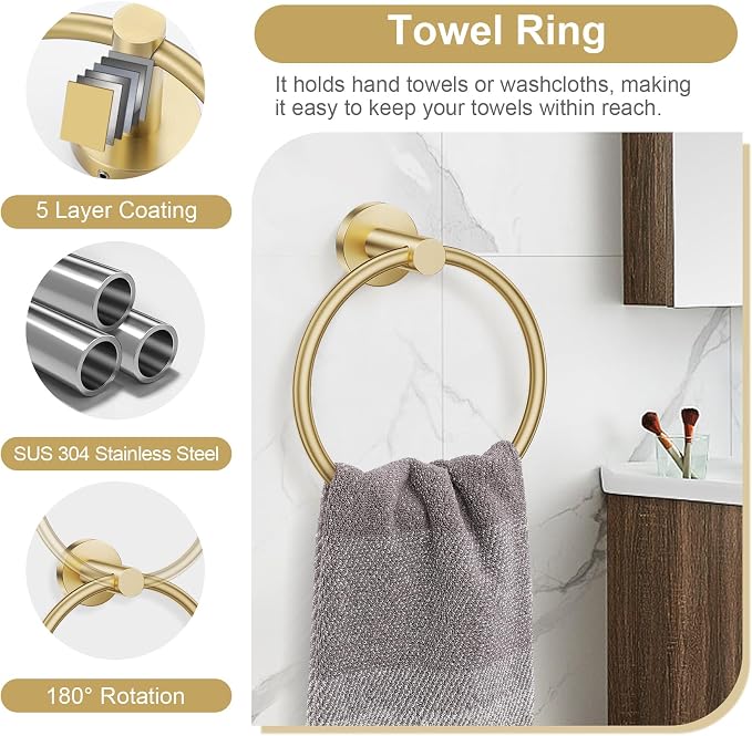 5-Piece Towel Bar Set Brushed Gold Bathroom Hardware Accessories Set Upgraded - Image 3