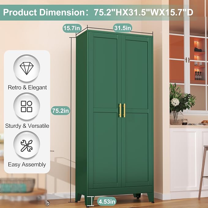 Metal Pantry Cabinet with 2 Doors and 5 Adjustable Shelves, Versatile Storage - Image 2