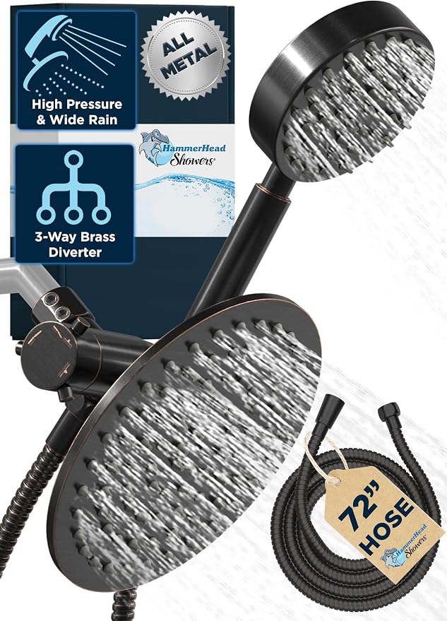 HammerHead Showers® Solid Metal Dual Shower Head Combo – OIL RUBBED BRONZE – 8 by HammerHeadShowers