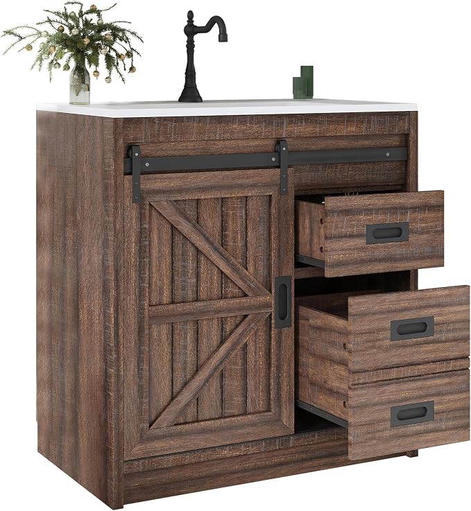 31" Farmhouse Sliding Barn Door Bathroom Vanity - Image 9