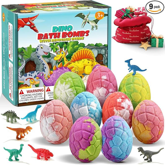Bath Bombs for Kids with Dinosaur Toys Inside, 9 Pack Natural and Organic by Qivatex