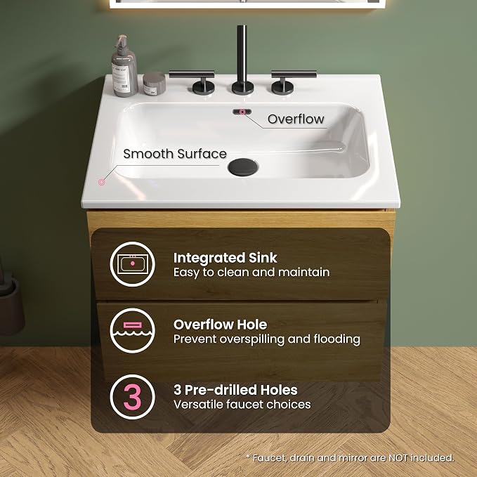 24" Bathroom Vanity with Sink, Modern Floating Vanity with Double Soft Closing - Image 4