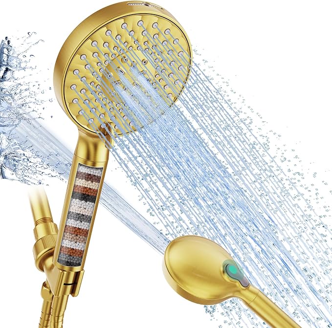 Filtered Shower Head with Handheld, High Pressure 9 Spray Mode Brushed Gold by SRSUNRISE