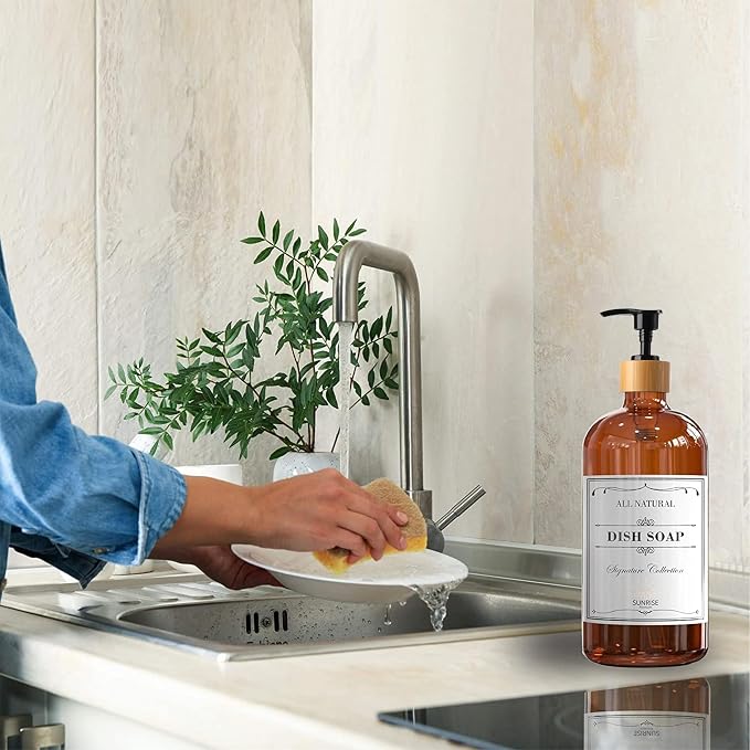 16 OZ Thick Amber Glass Soap Dispenser, Bamboo Pump - Image 4