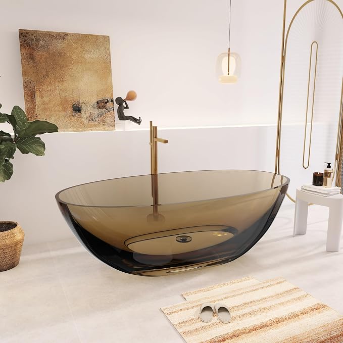 71" Premium Solid Surface Freestanding Bathtub, Upgraded Transparent Dark Brown - Image 2