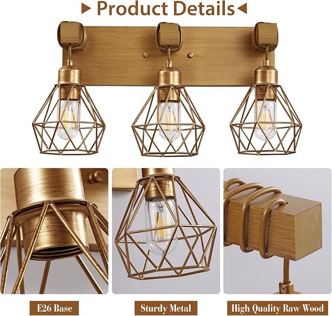 Farmhouse Bathroom Light Fixtures, 3-Light Gold Bathroom Vanity Light, Rustic - Image 3
