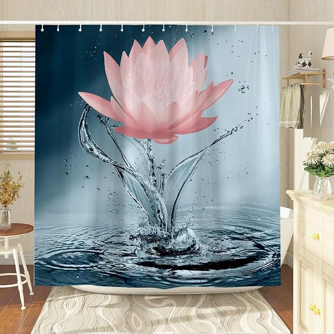 Lotus Shower Curtain Blue Red Flower Elegant Blooming Floral - Image 3