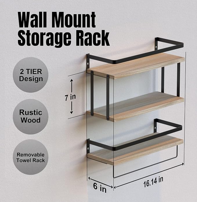 RICHER HOUSE 2+1 Tier Wall Mounted Floating Shelves Set of 2, Rustic Wood Wall - Image 2