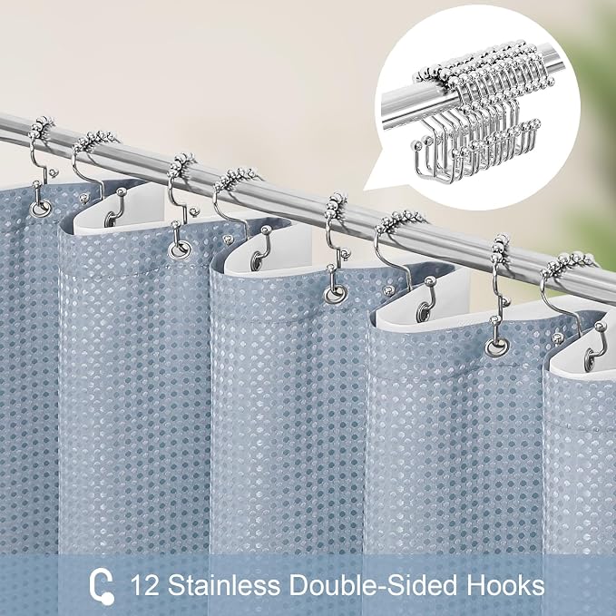 3 in 1 Shower Curtain Set, Fog Blue Waffle Shower Curtain and PEVA Liner Set - Image 3