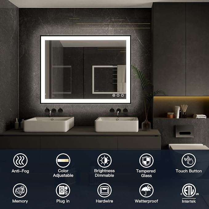 ISKM Framed LED Mirror for Bathroom 57"x36", Dimmable LED Bathroom Mirror - Image 2