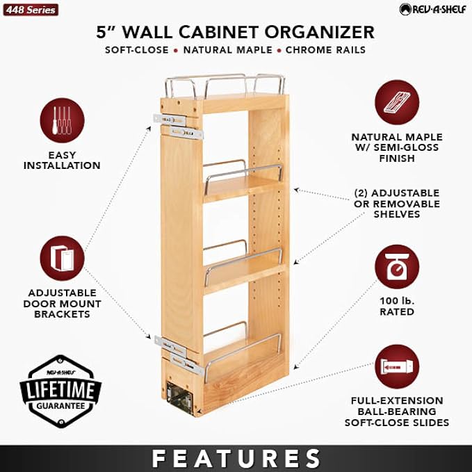 Rev-A-Shelf 5" Pullout Kitchen Cabinet Storage Organizer w/Soft-Close, Wood - Image 4