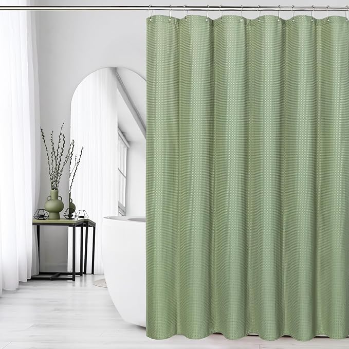 Gibelle Sage Green Shower Curtain, Waffle Weave Textured Fabric Shower Curtain - Image 6