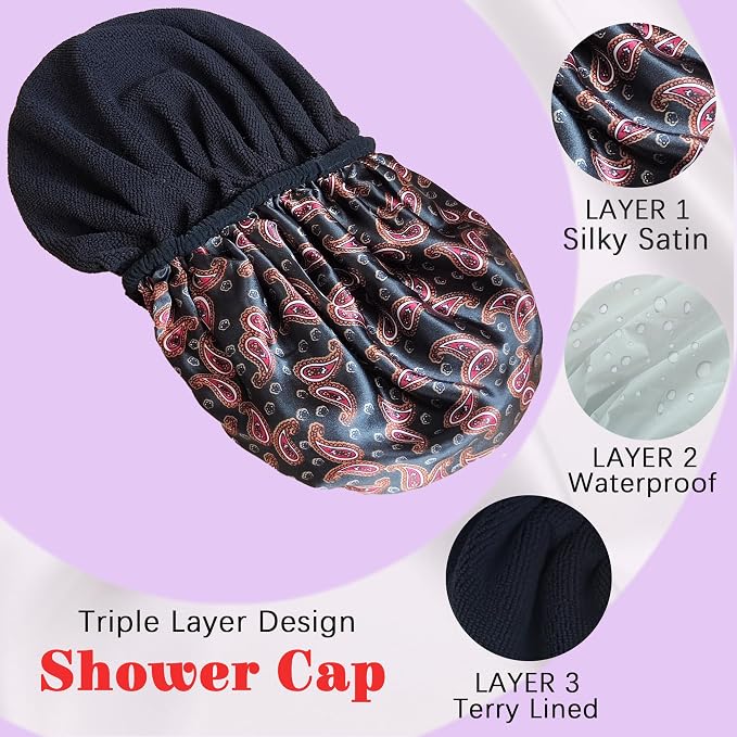 Shower Cap Reusable Waterproof, Terry Lined Shower Caps - Image 2