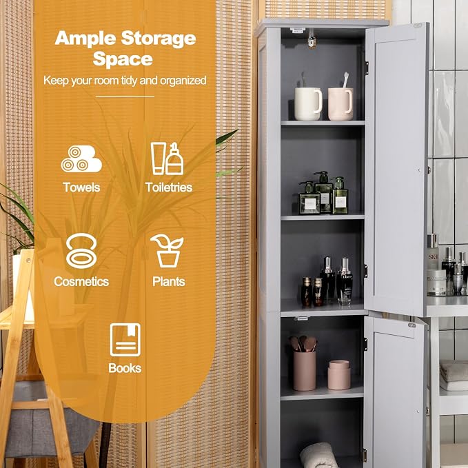 COSTWAY Tall Bathroom Storage Cabinet, 5-Tier Freestanding Linen Tower Cabinet - Image 5