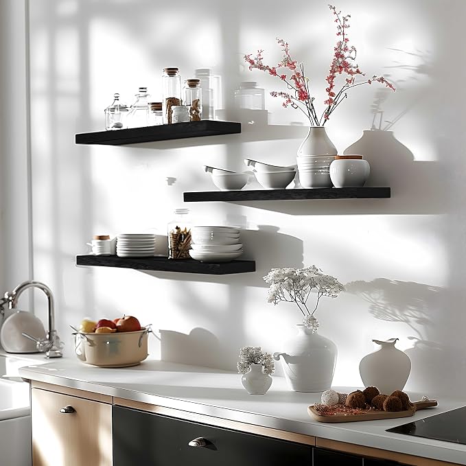 24 Inch Floating Shelves for Wall Rustic Black Wood Wall Shelves for Bedroom - Image 3