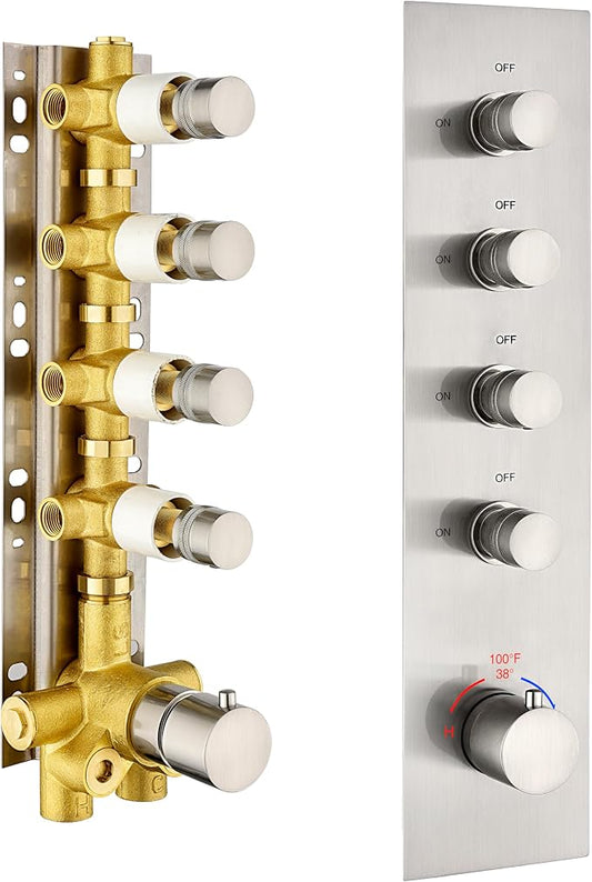 Brass Brushed-Nickel 4-Way Thermostatic Shower Diverter Valve by OMEKNTOP