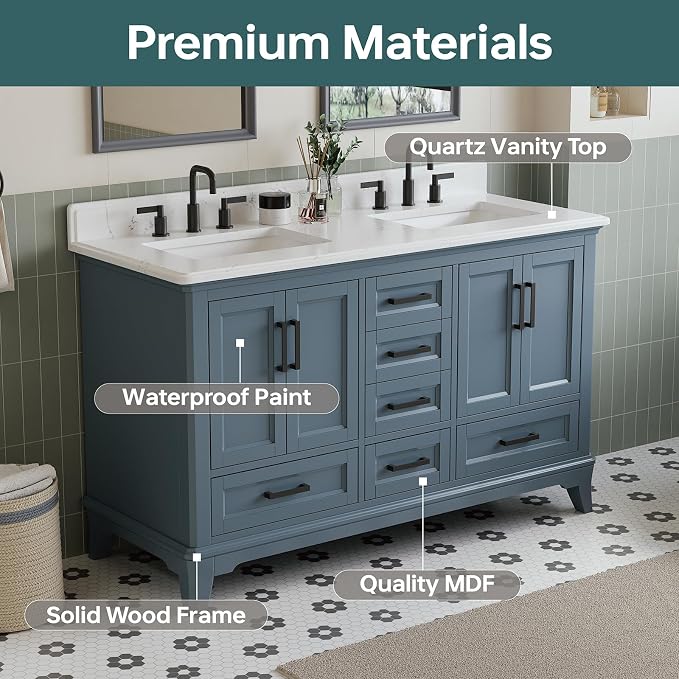 60 Inch Bathroom Vanity Double Sink, Fully Assembled Solid Wood Frame Double - Image 3