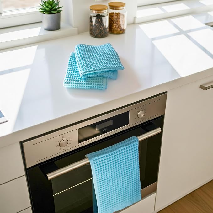 PÜSKÜL Organic Waffle Kitchen Towel 100% Turkish Cotton Set of 3 Turquoise - Image 2