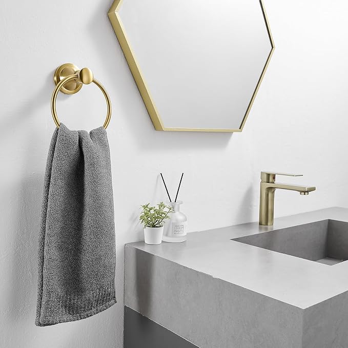 BESy Brushed Gold Bathroom Hand Towel Ring Towel Holder, Rustproof Wall Mounted - Image 3