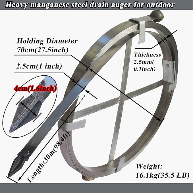 Heavy Duty Sewer Drain Snake for Outdoor, Length 30m/98.4ft, Width 2.5cm/1inch - Image 2